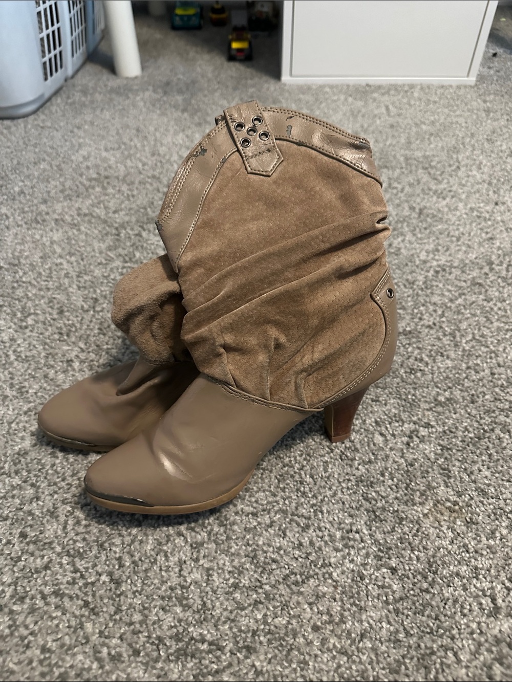 Women's Taupe Slouch Booties - Stylish Mid-Heel Fashion